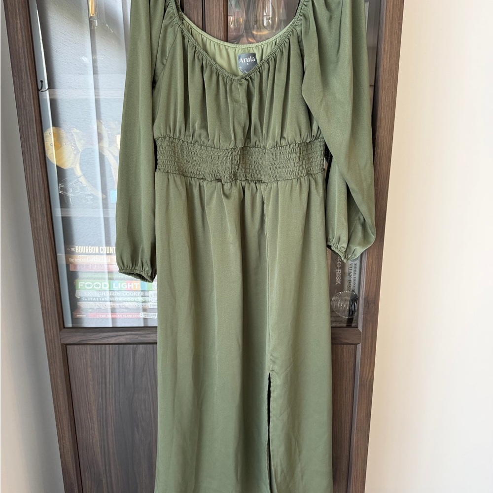 ARULA Olive Green Maxi Dress with Smocked Details